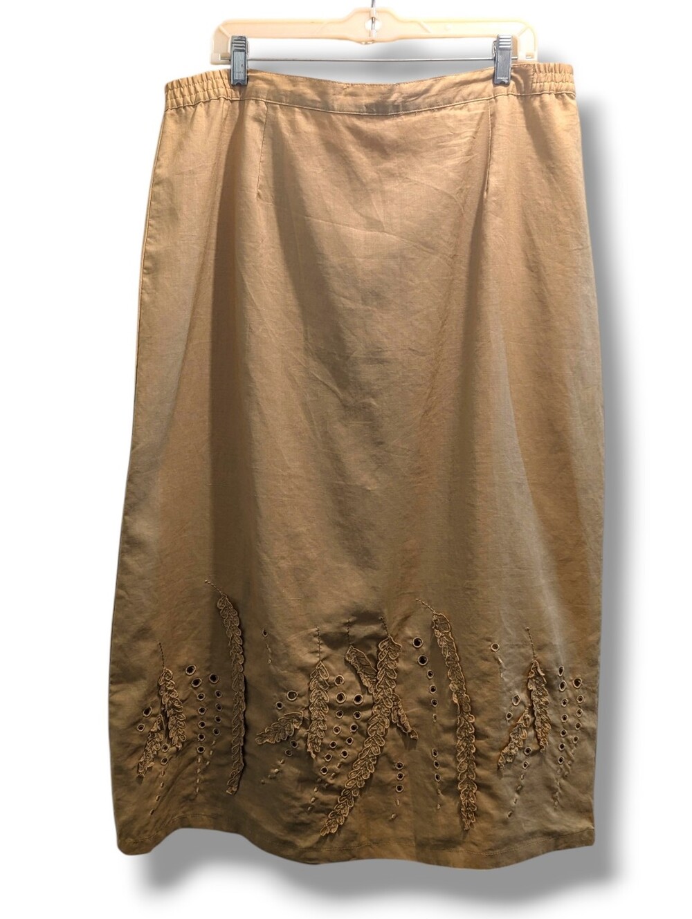 Promise Collection Beige Linen Embroidered Midi Skirt with Eyelet Detail- 16